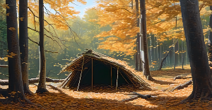 A serene forest with a lean-to shelter made of branches and leaves, sunlight filtering through trees, and a pile of leaves and twigs in the foreground.