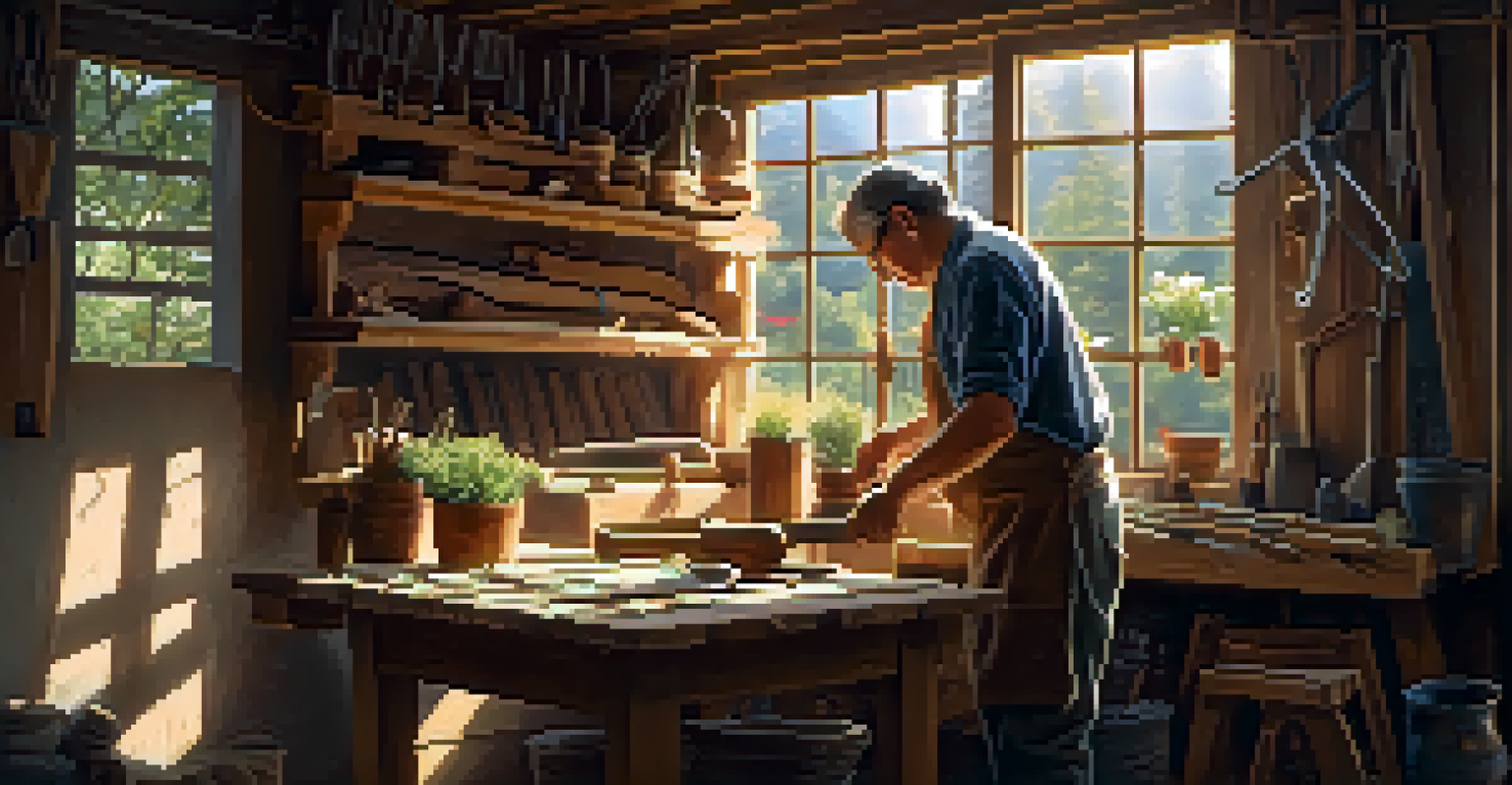 An artisan in a rustic workshop crafting a wooden gardening tool, surrounded by materials and tools, with sunlight illuminating the workspace.