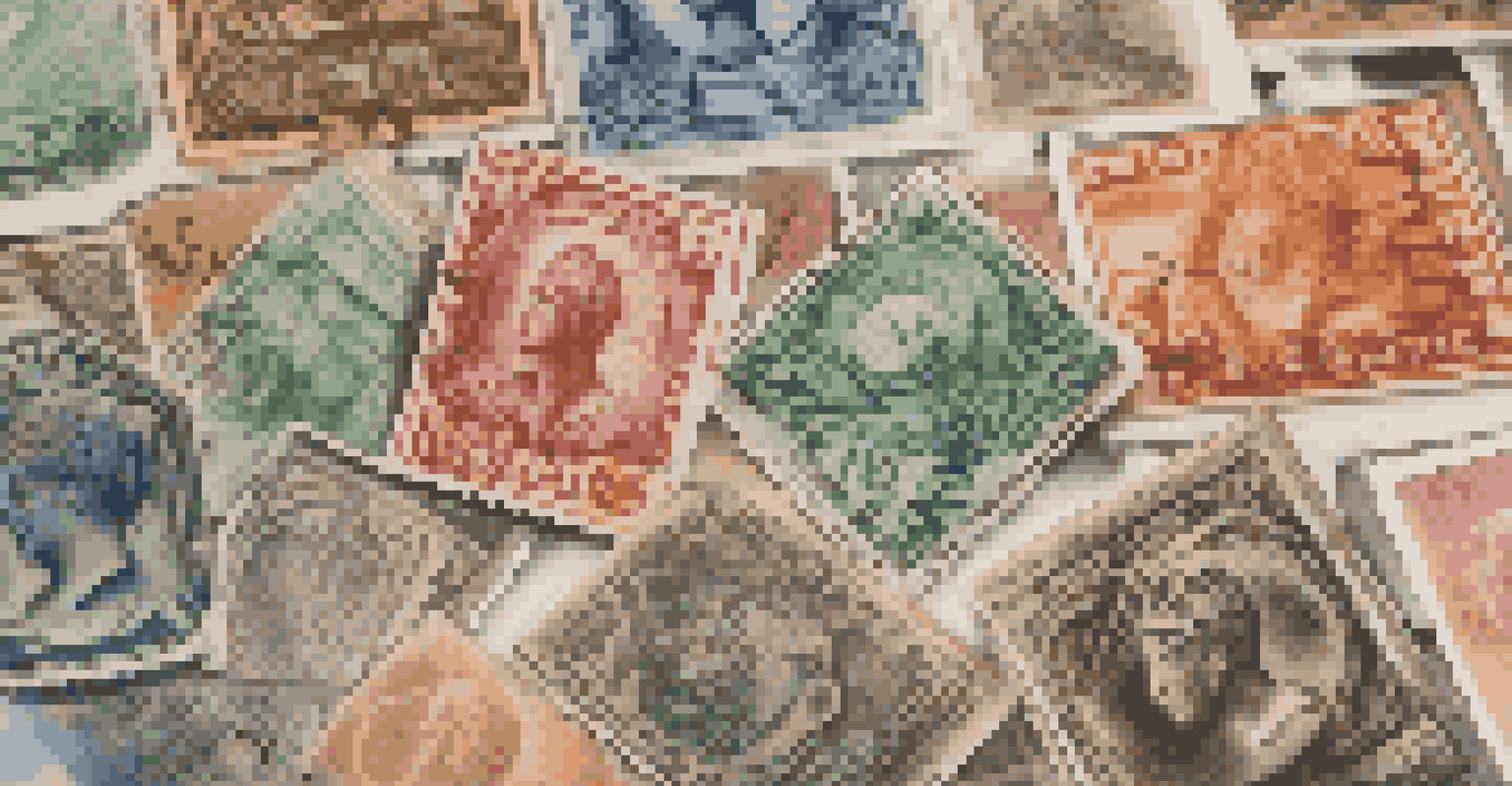 An authentic stamp in the center surrounded by various forged stamps, with a blurred background.