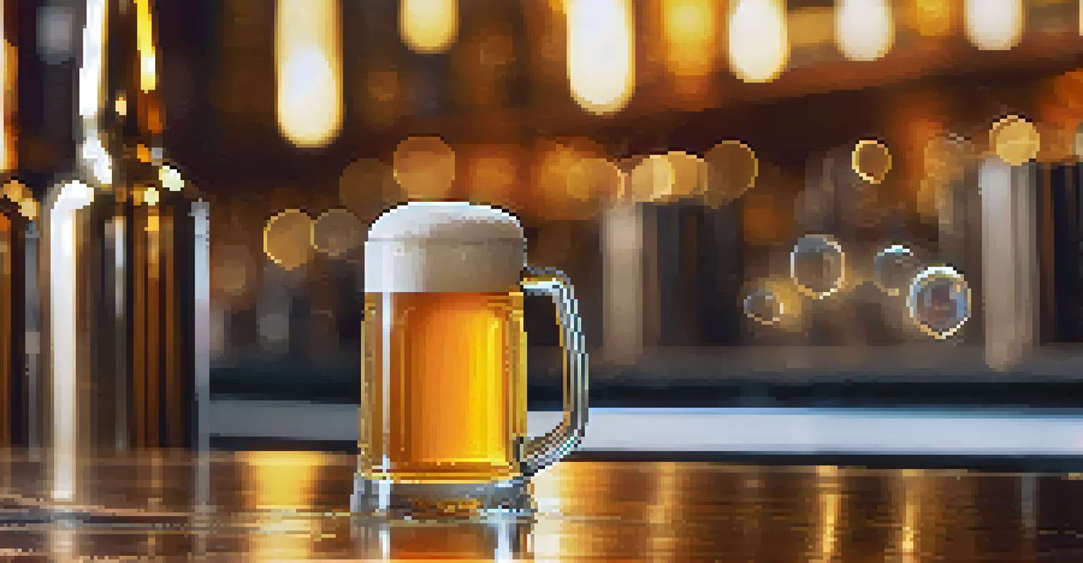 A close-up of a glass of golden beer with bubbles, set against brewing equipment.