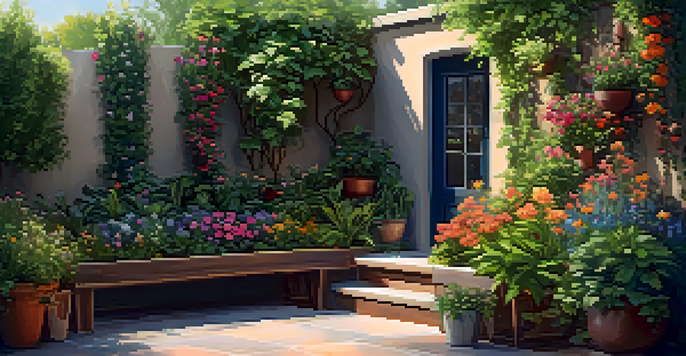 A vibrant small backyard garden with colorful flowers and herbs in vertical planters, warm sunlight, a trellis with climbing plants, and a wooden bench.