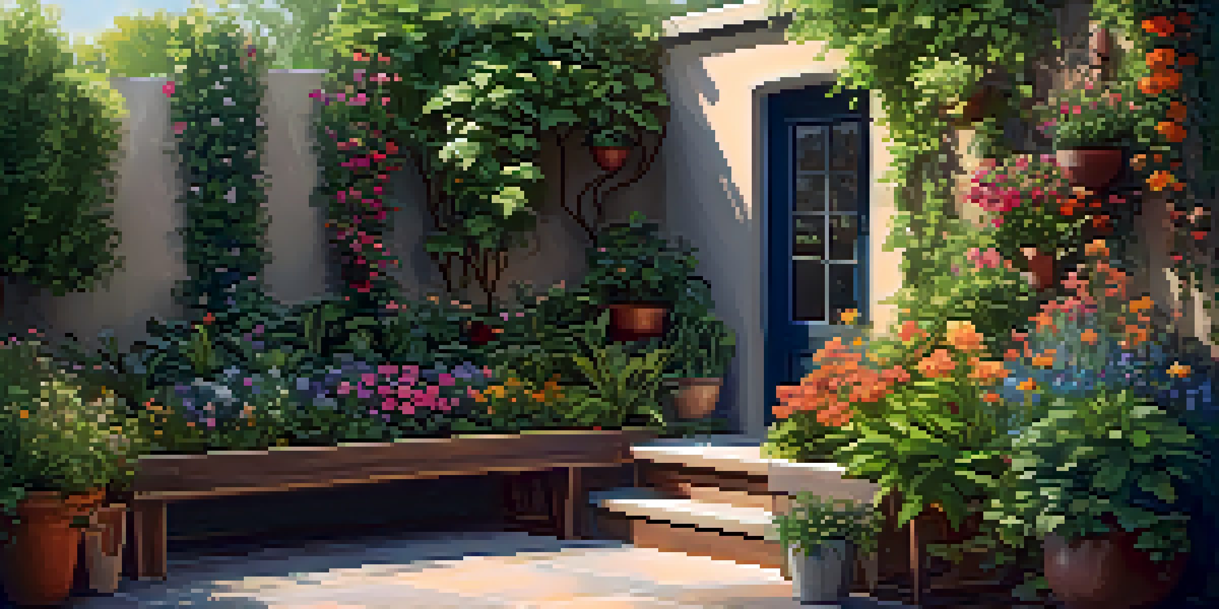 A vibrant small backyard garden with colorful flowers and herbs in vertical planters, warm sunlight, a trellis with climbing plants, and a wooden bench.