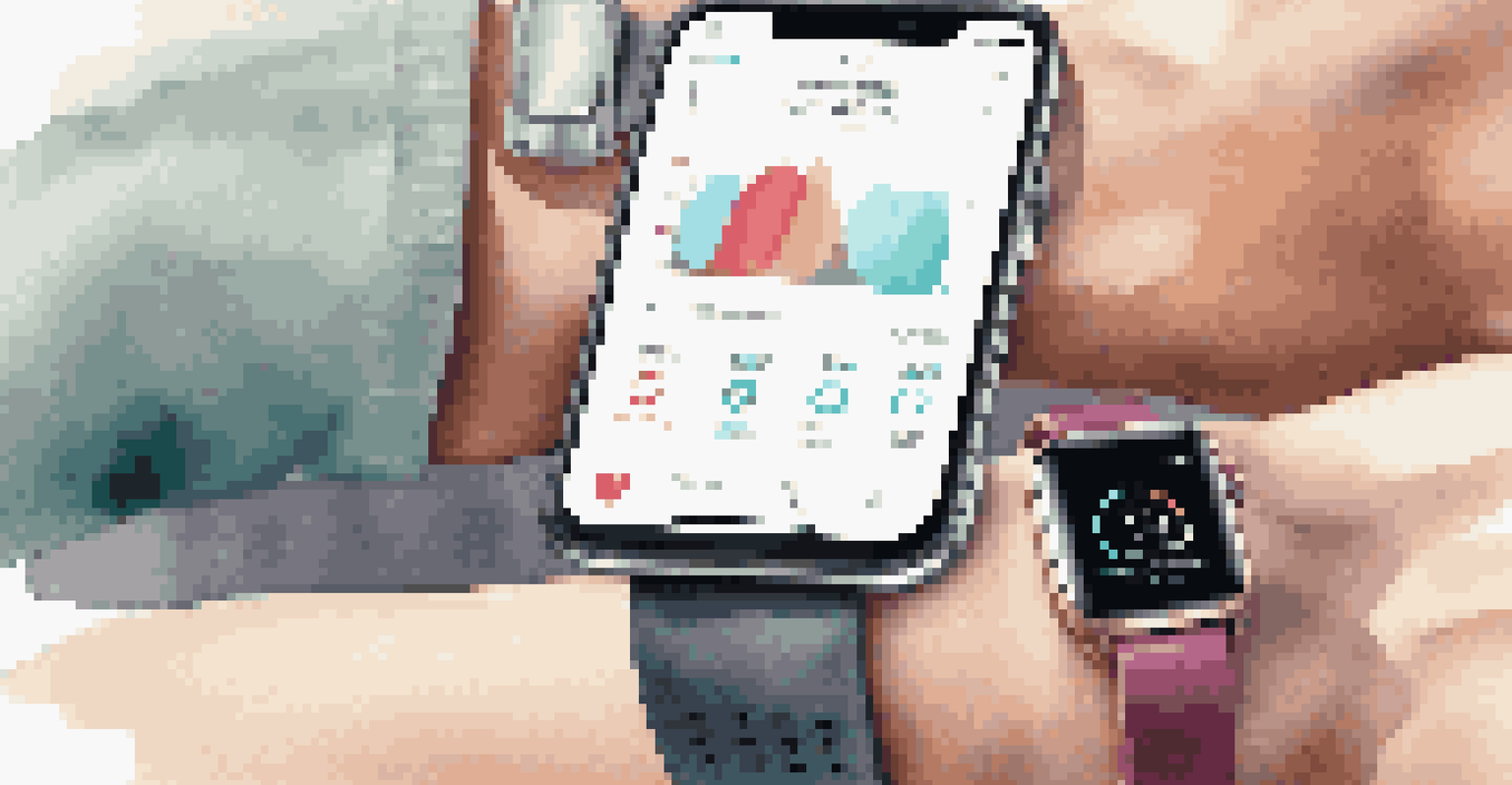 A close-up of a smartwatch and fitness tracker on a surface, showcasing workout stats with a home gym in the background.