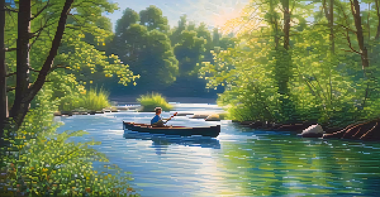A vibrant model river scene with flowing water, trees, and wildflowers, reflecting sunlight.