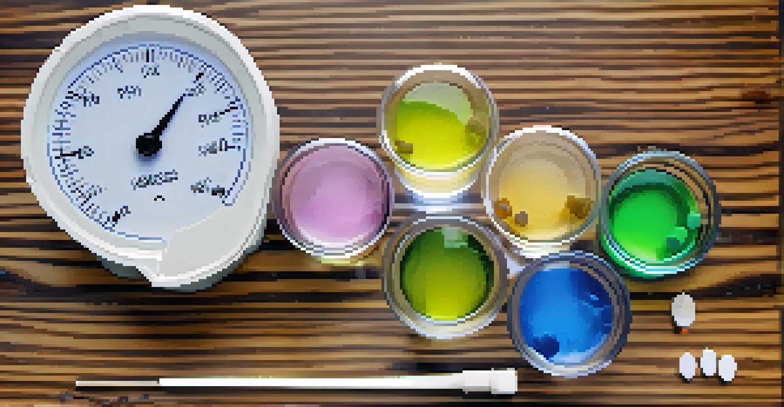 A close-up of a water quality testing kit with colorful test tubes showing different pH and hardness levels, next to a potted aquatic plant.