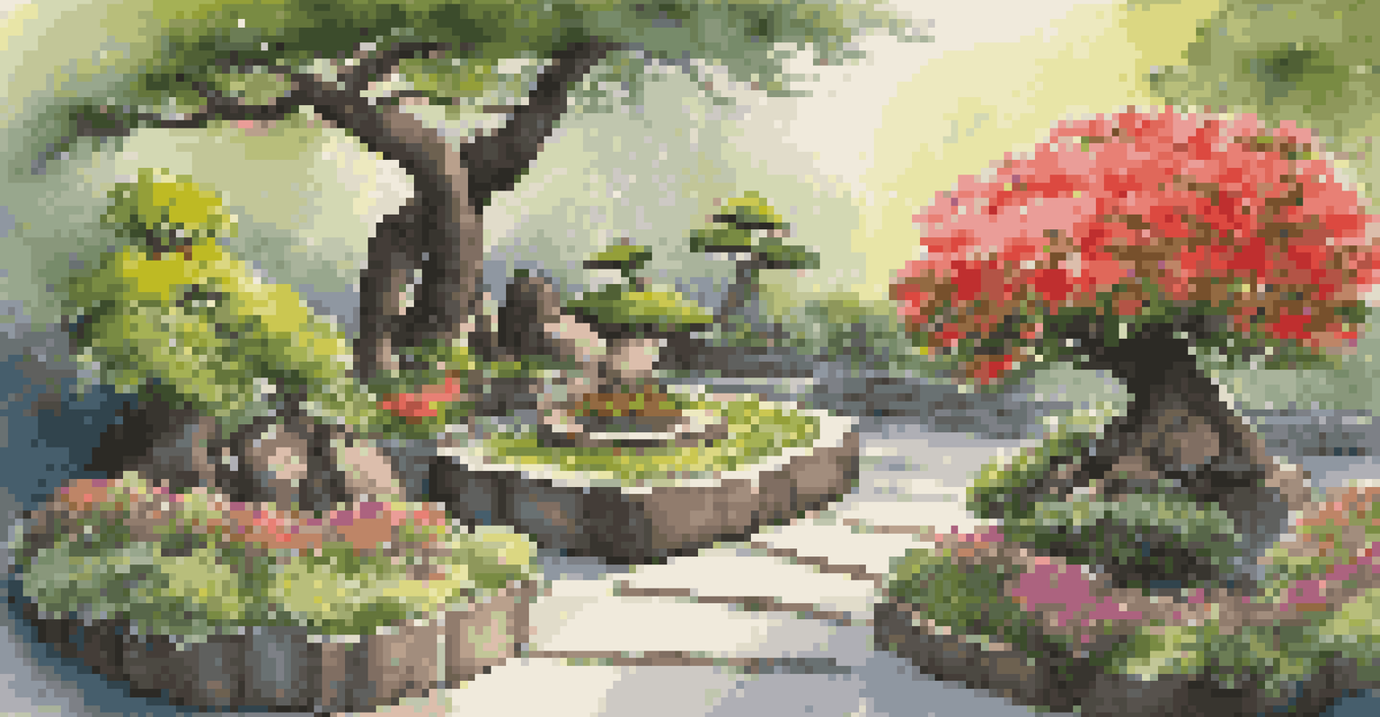 A picturesque outdoor garden featuring various bonsai trees arranged on a stone path, surrounded by colorful flowers.