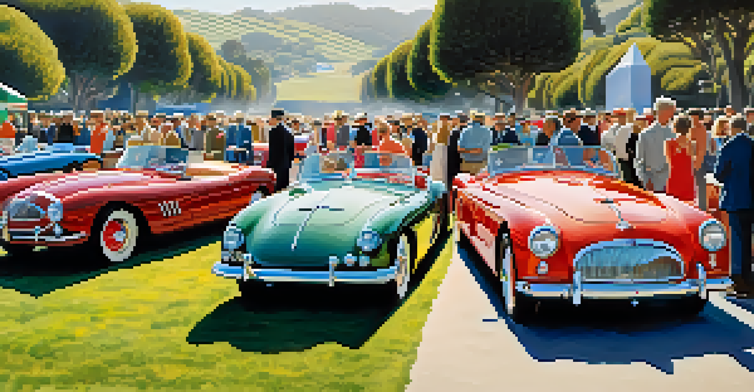 A lively outdoor classic car auction with beautifully restored vintage cars under bright sunlight, surrounded by spectators and greenery.