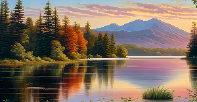 A peaceful lake at sunset, surrounded by trees and mountains, with warm light reflecting on the water.