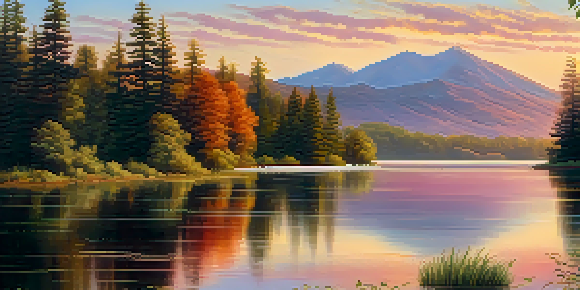 A peaceful lake at sunset, surrounded by trees and mountains, with warm light reflecting on the water.