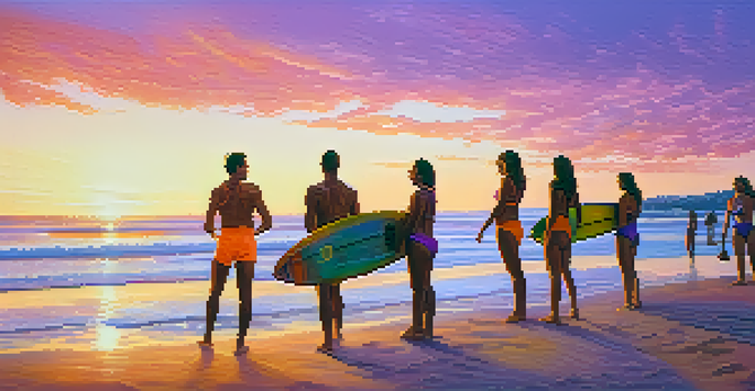 A colorful beach scene at sunset with surfers, friends playing beach volleyball, and surfboards in the background.