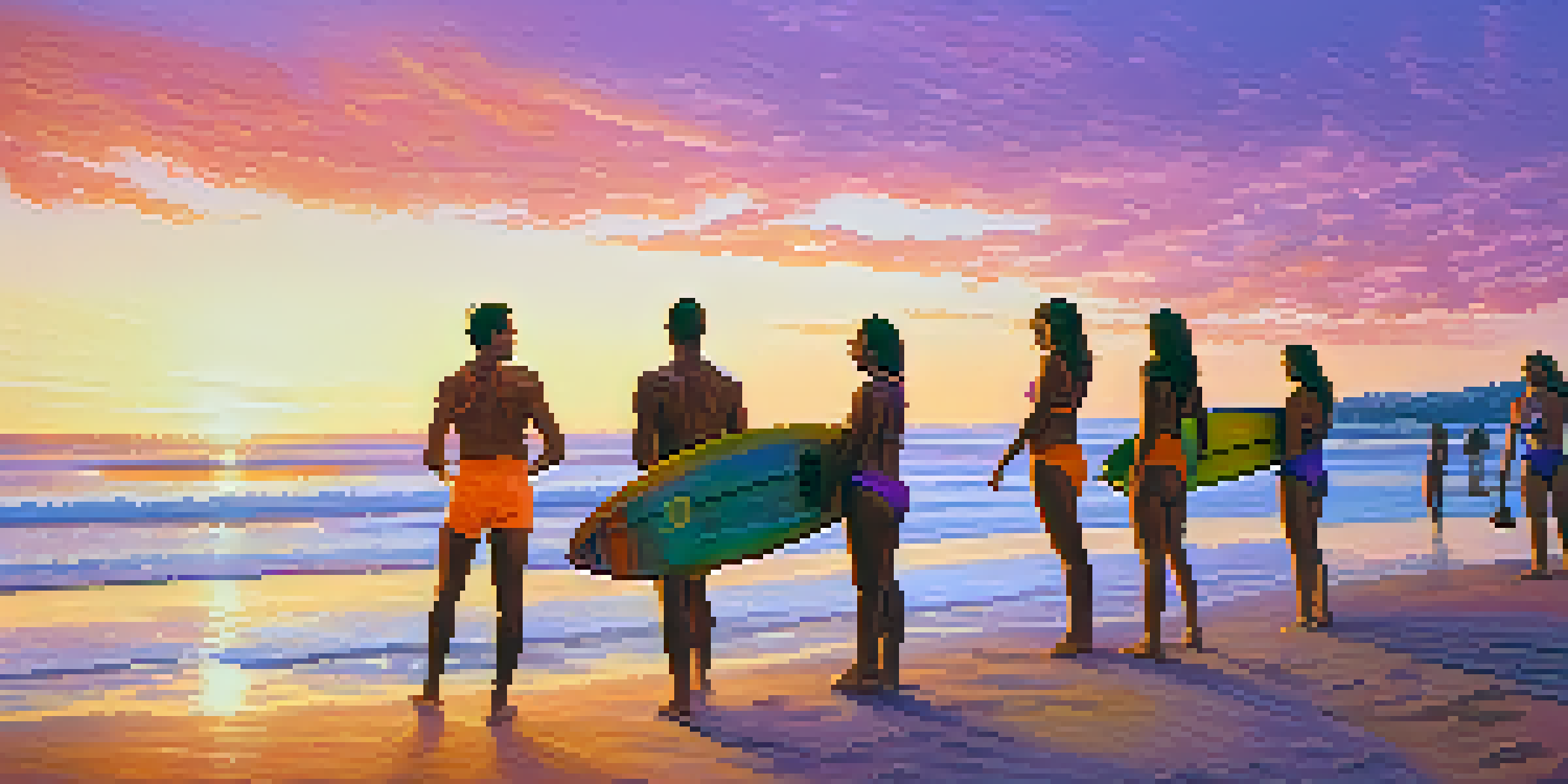 A colorful beach scene at sunset with surfers, friends playing beach volleyball, and surfboards in the background.