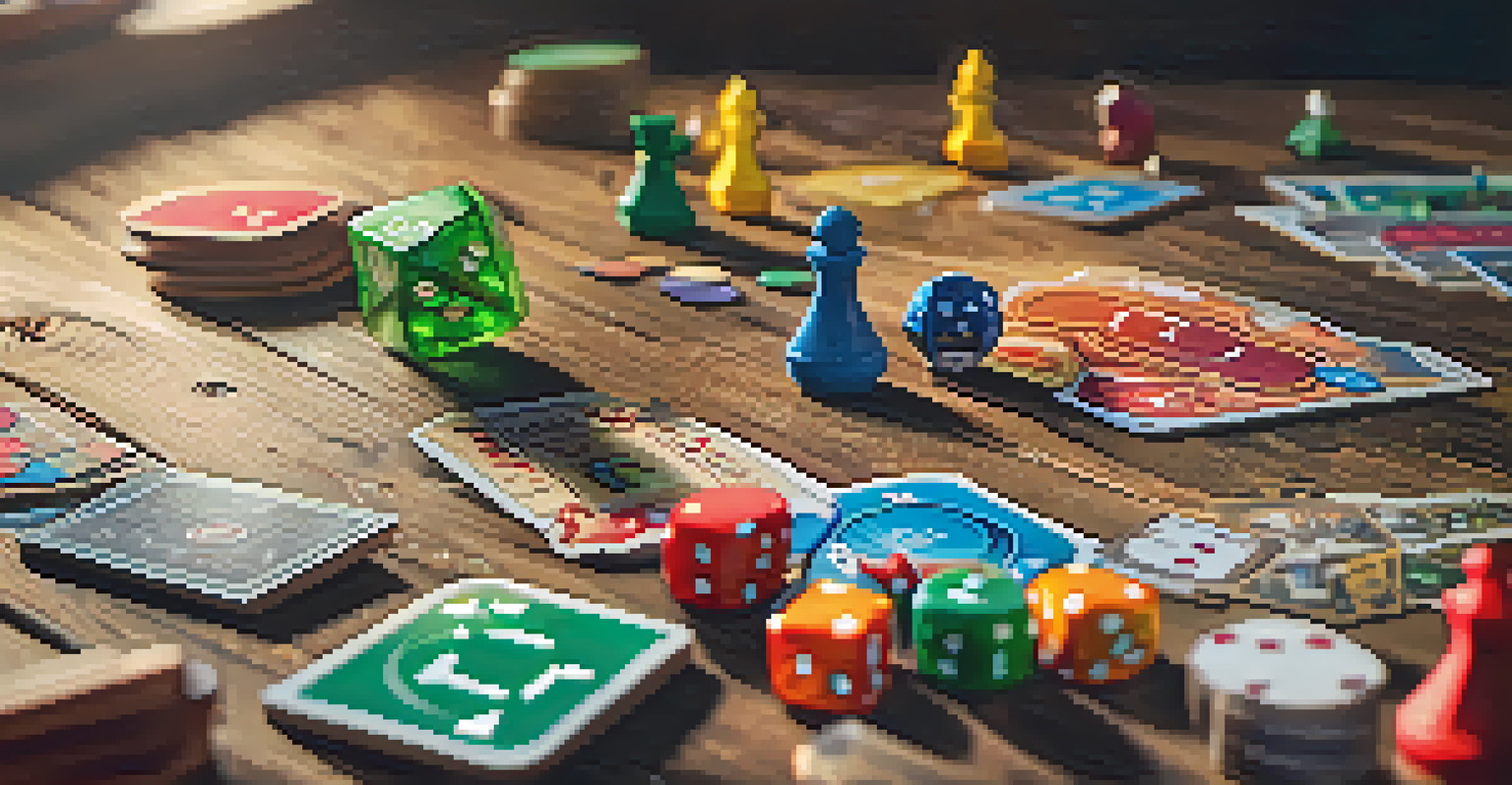 A close-up view of a board game setup with colorful tokens and dice on a rustic wooden table.