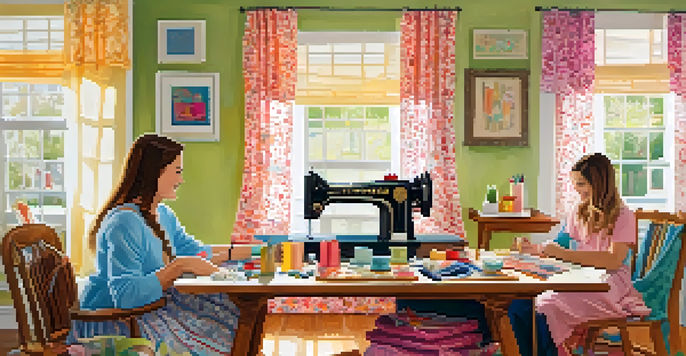 A vibrant living room filled with diverse people enjoying a sewing party, surrounded by fabrics and sewing supplies.