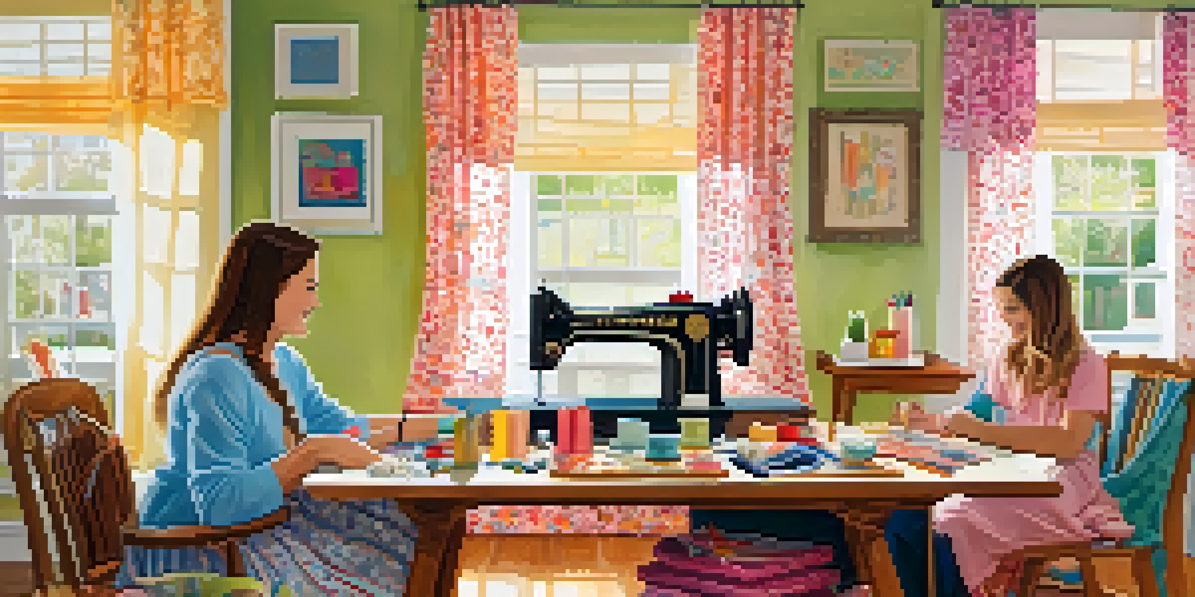 A vibrant living room filled with diverse people enjoying a sewing party, surrounded by fabrics and sewing supplies.