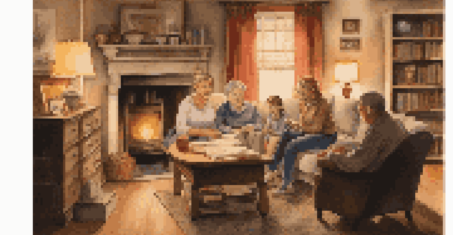 A family gathered in a living room, examining old photos and documents, with warm lighting and family memorabilia in the background.