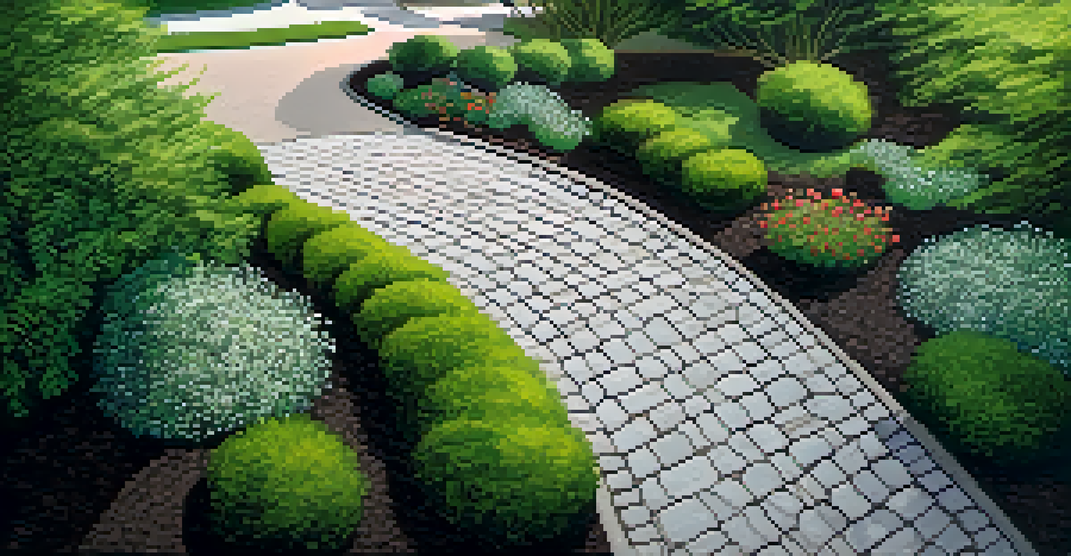 A garden path made of dark gravel mulch, bordered by decorative plants, with warm afternoon light illuminating the scene.