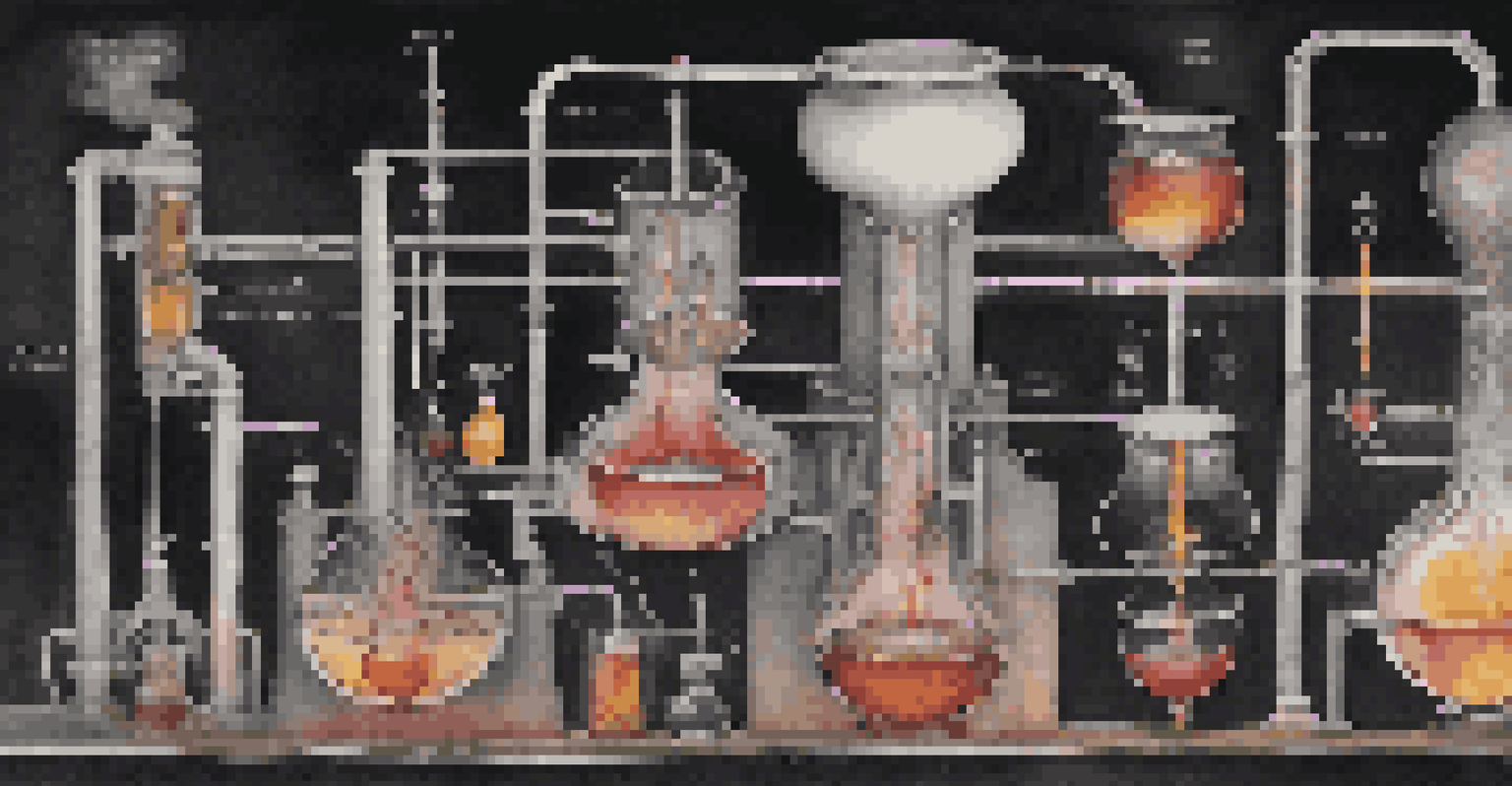 An illustration of the distillation process with labeled sections and visuals of bubbling liquids.