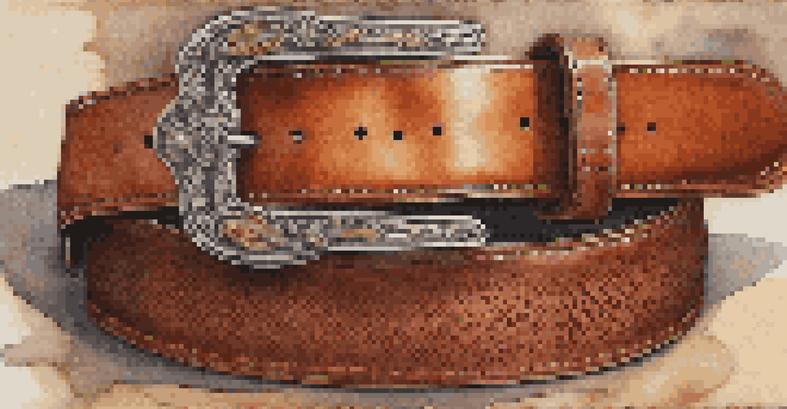 A finished leather belt with a vintage buckle and decorative stitching displayed on textured fabric, illuminated by natural light.