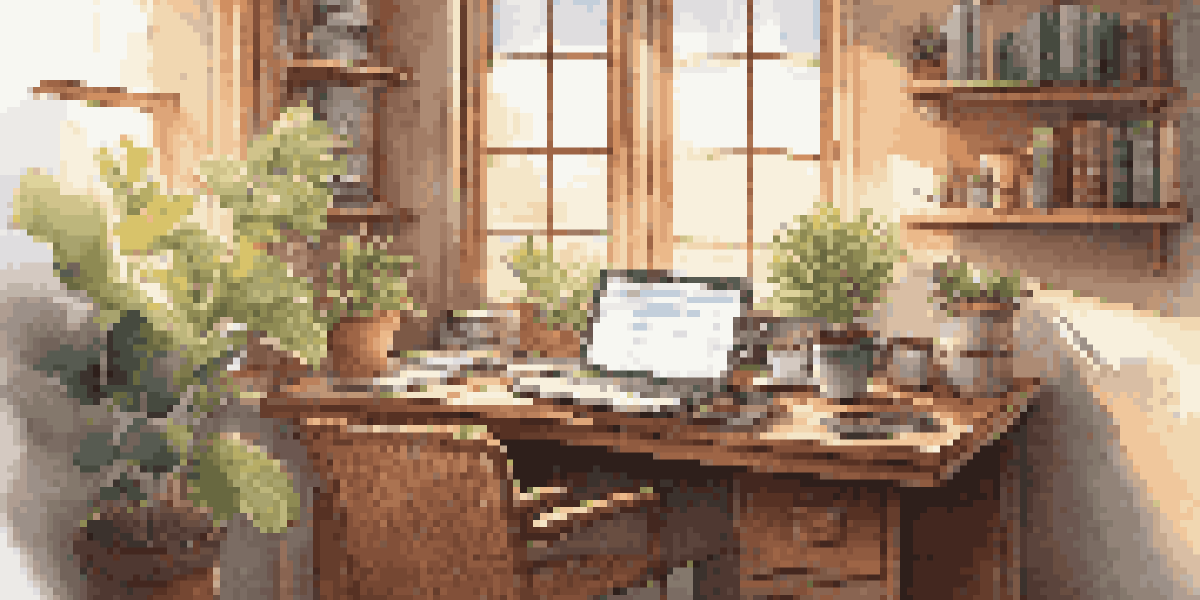 A warm, inviting workspace with a desk full of coding books, a laptop, a plant, and a cup of coffee, illuminated by sunlight.