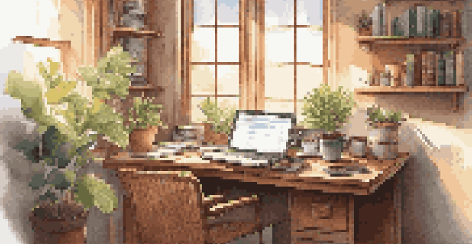 A warm, inviting workspace with a desk full of coding books, a laptop, a plant, and a cup of coffee, illuminated by sunlight.