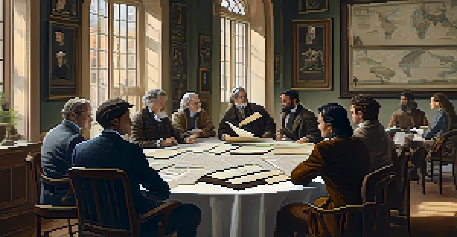 A diverse group of historians engaged in discussion at a round table, surrounded by historical documents and artifacts in a well-lit room.