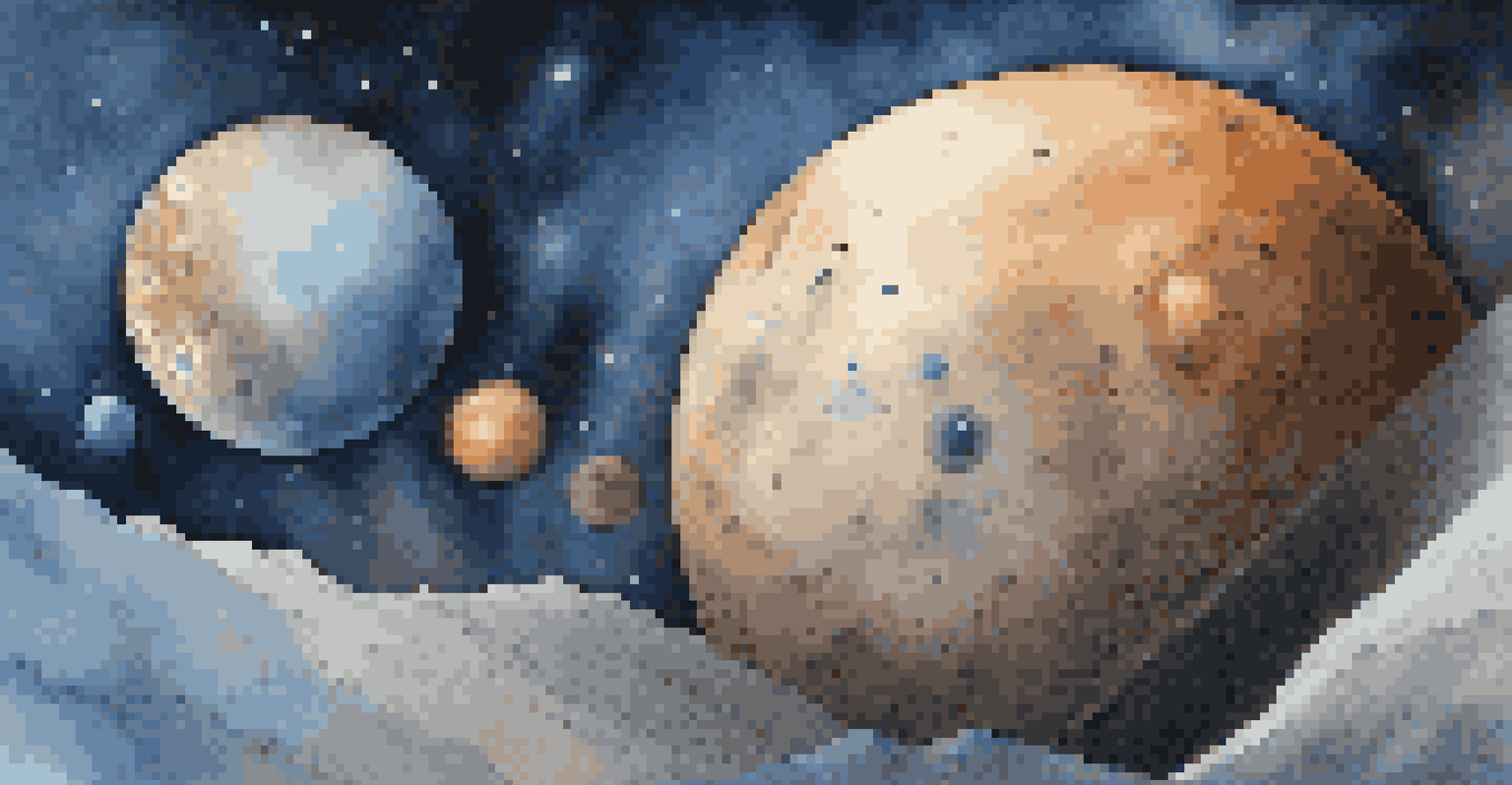 An artistic depiction of dwarf planets in the Kuiper Belt, showcasing Pluto, Haumea, and Makemake against a swirling nebula.