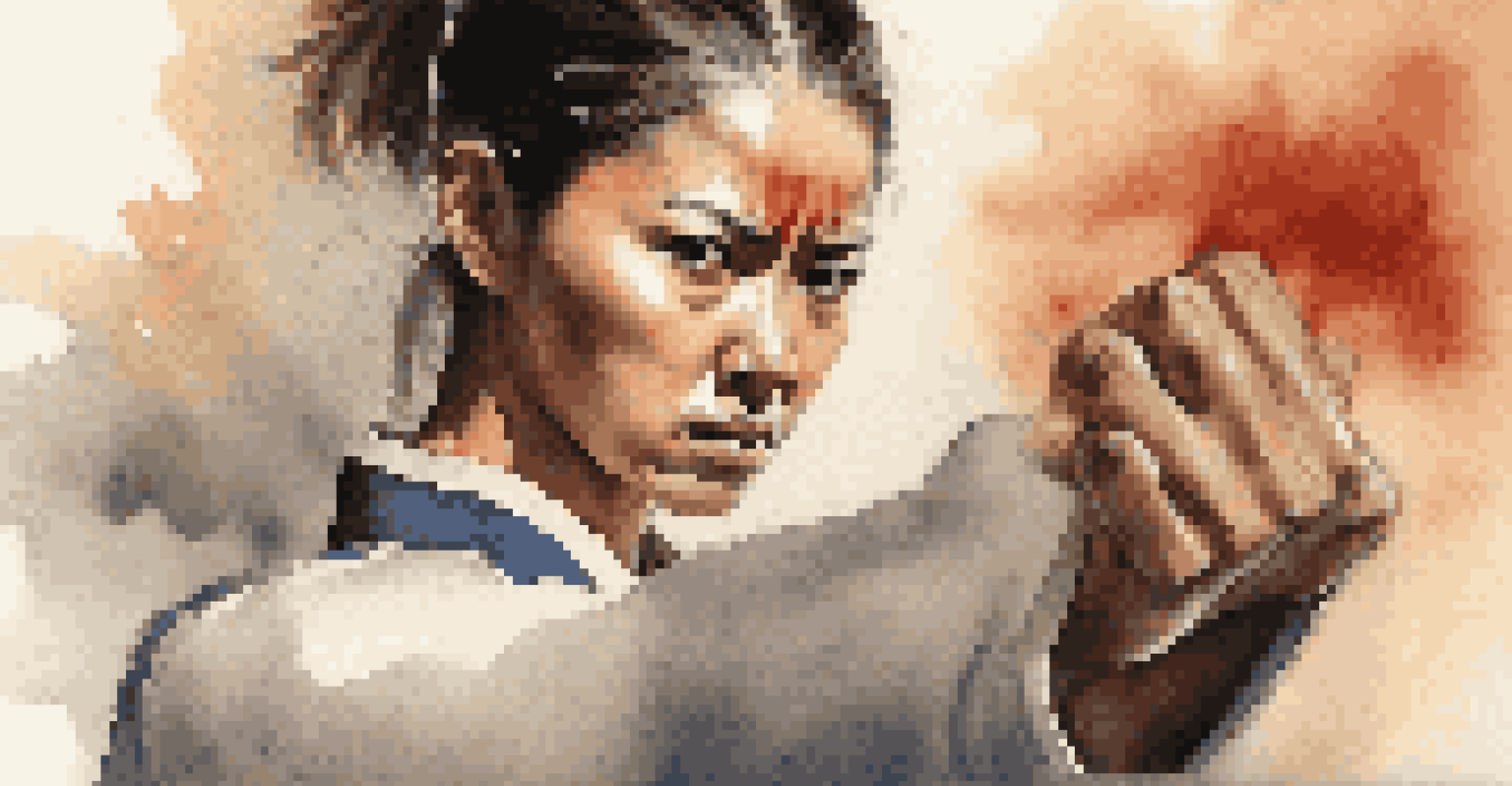 A woman demonstrating a self-defense technique with a confident stance and focused expression, captured in a dramatic light.