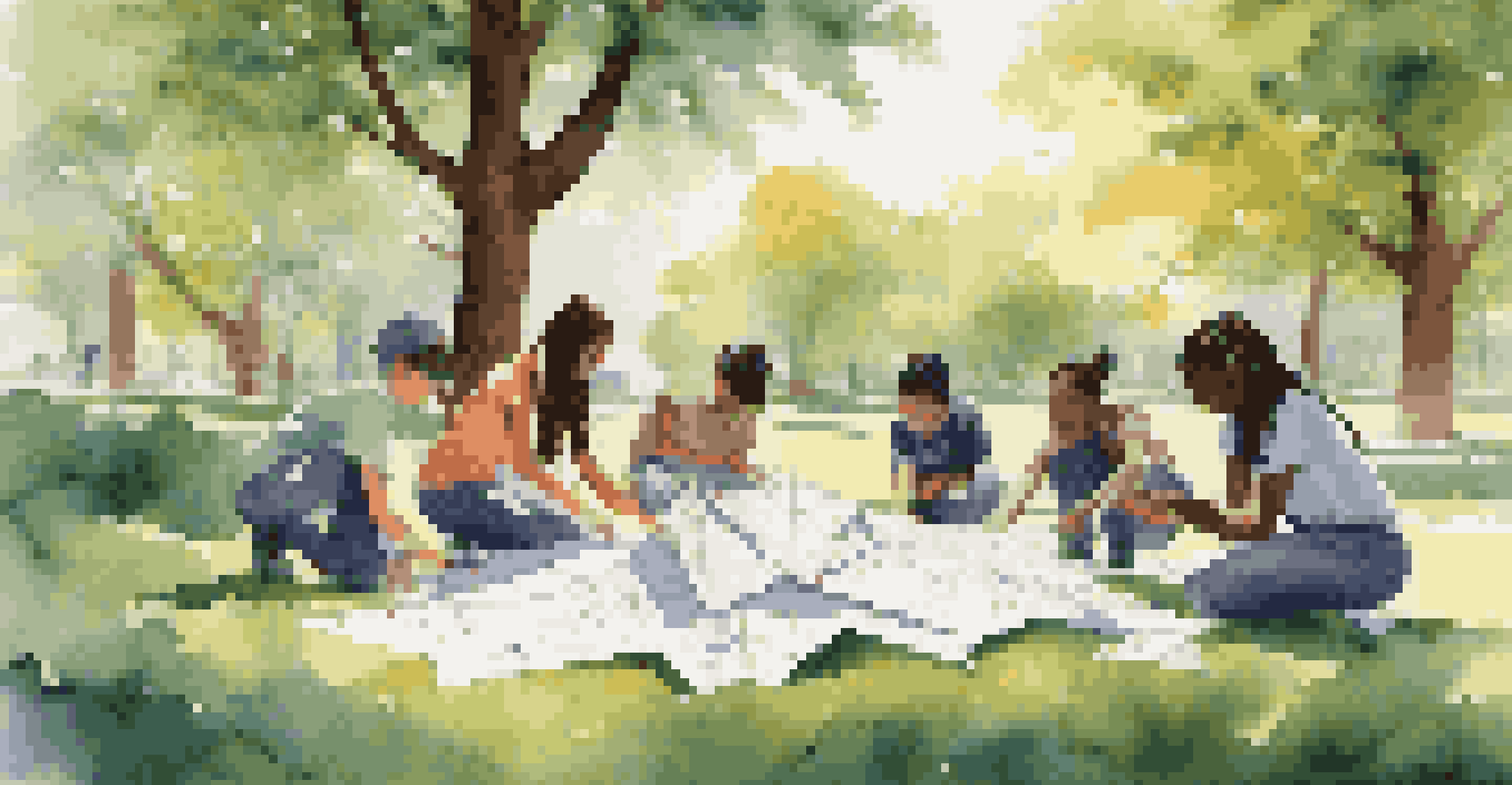 Group of students working together outside on a large origami project, surrounded by nature.