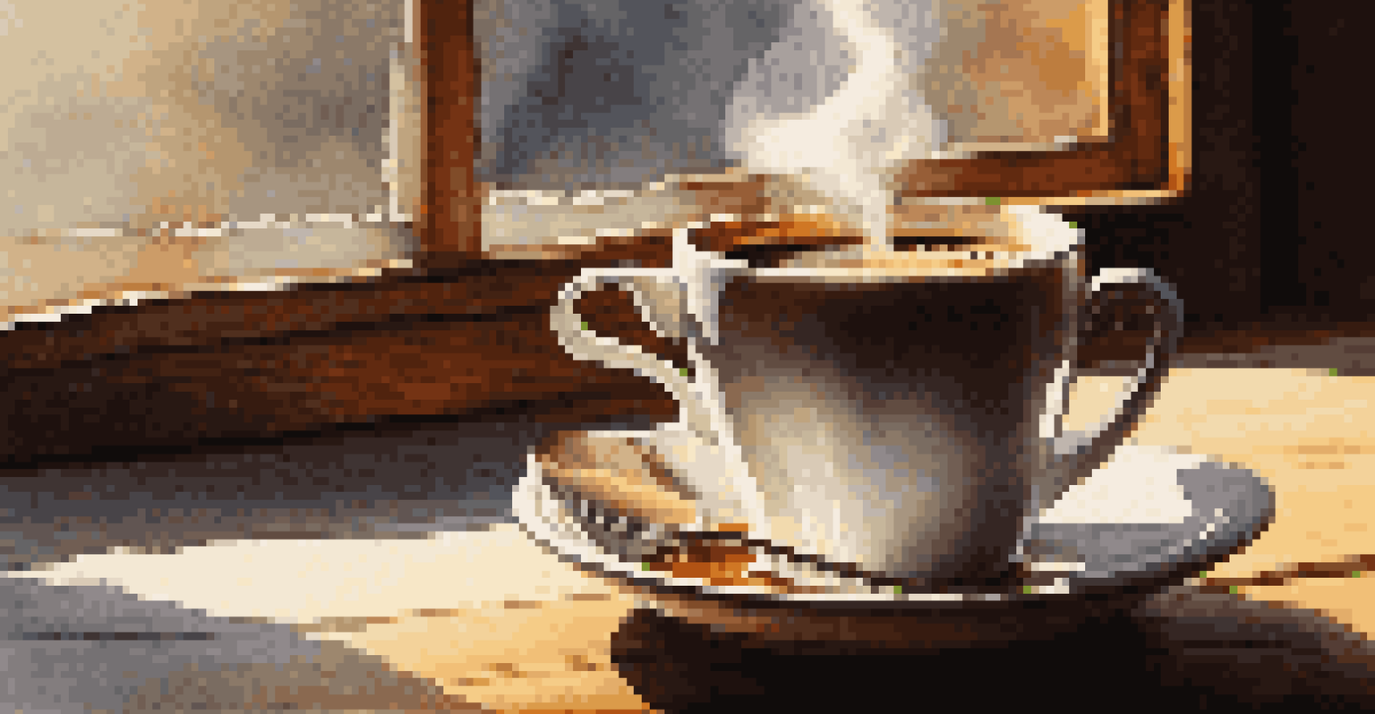 A close-up of a steaming cup of coffee on a wooden table, with sunlight casting soft shadows and highlights.
