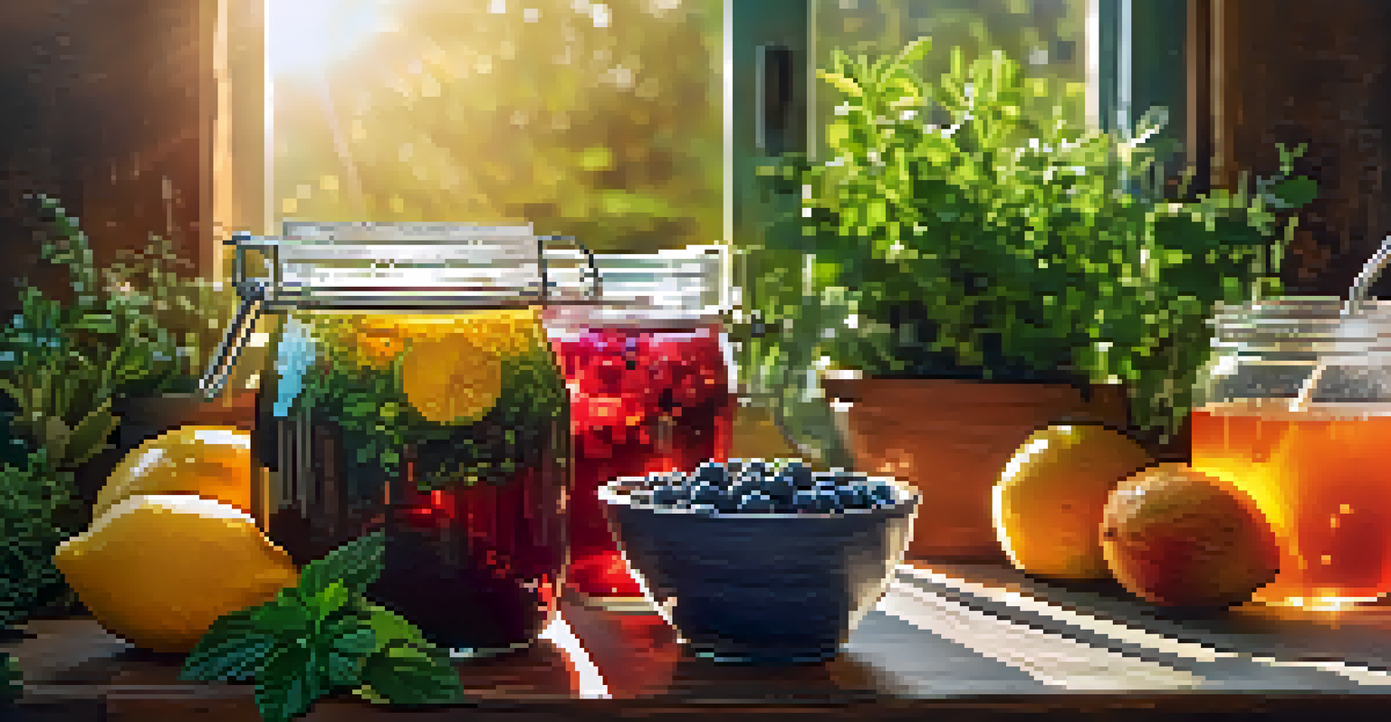 A bubbling jar of homemade kombucha surrounded by fresh herbs and fruits, with sunlight creating a sparkling effect.