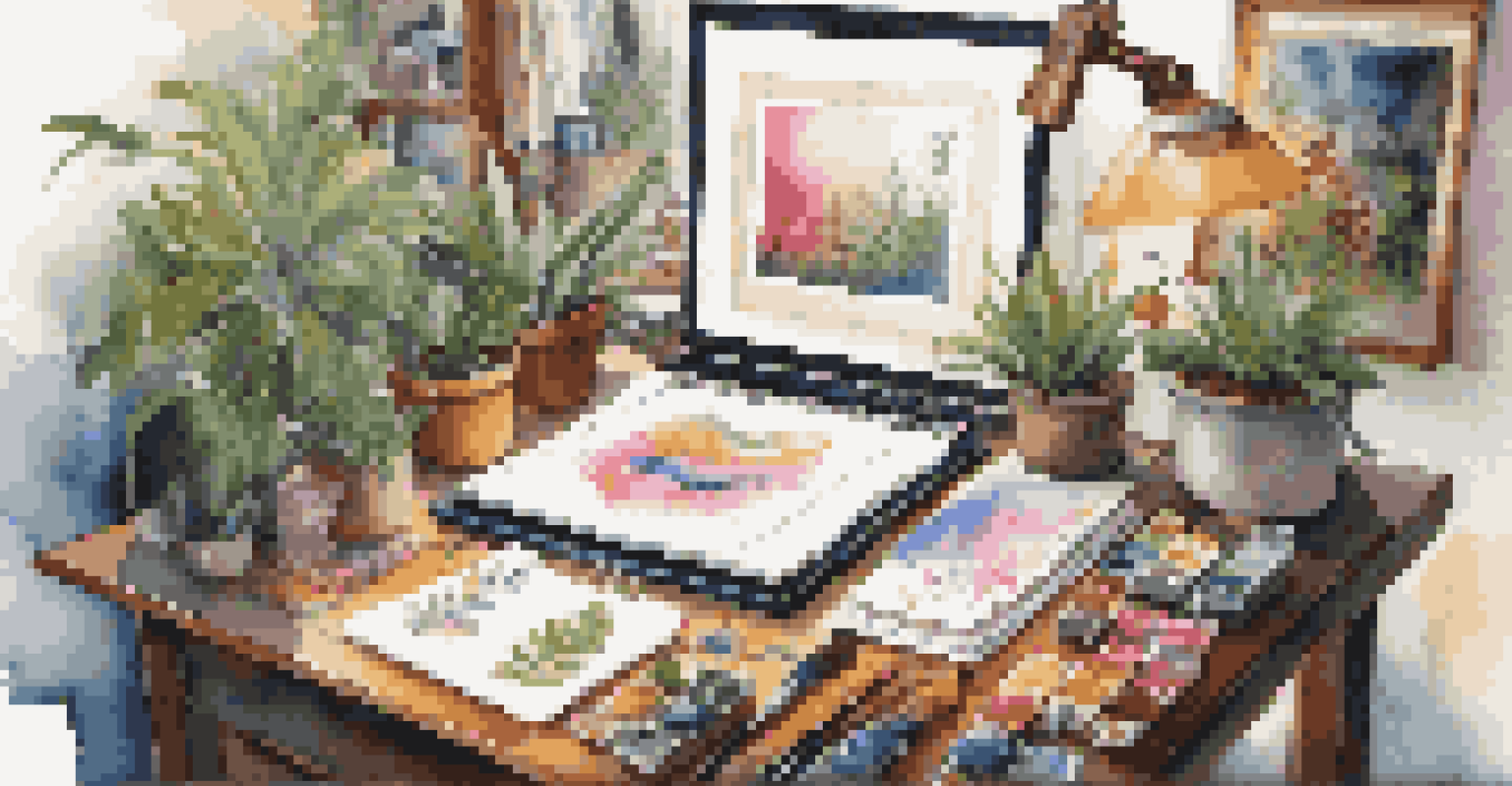 An artist's workspace with a sketchbook of colorful calligraphy samples, inks, and brushes, surrounded by plants and art prints.