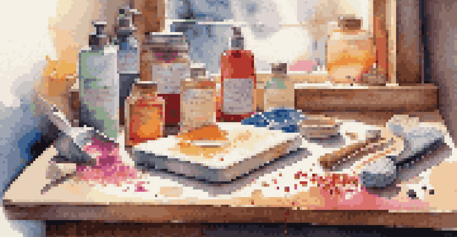 A neatly organized soap sculpting workspace with tools and colorants, warmly lit for a creative atmosphere.