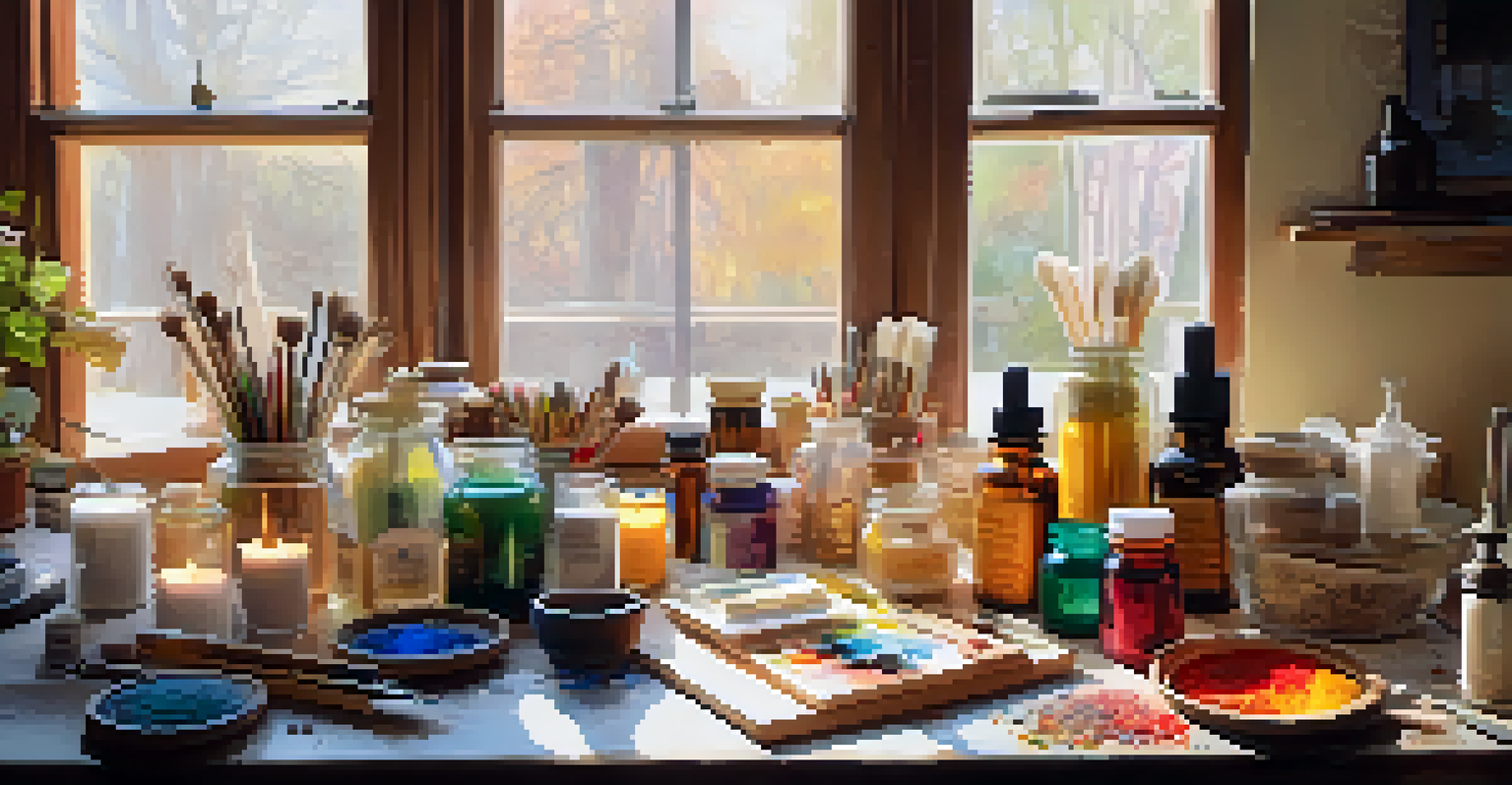A candle making workspace filled with wax, colorants, and tools, illuminated by natural light.