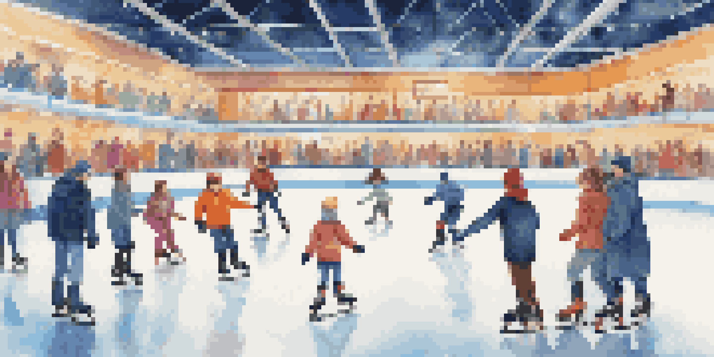 A vibrant ice skating rink with skaters of different ages practicing, coaches observing, and colorful lights reflecting on the ice.