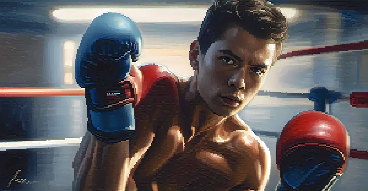 A close-up of an individual in boxing gloves practicing a striking technique in self-defense training, showing determination and focus.