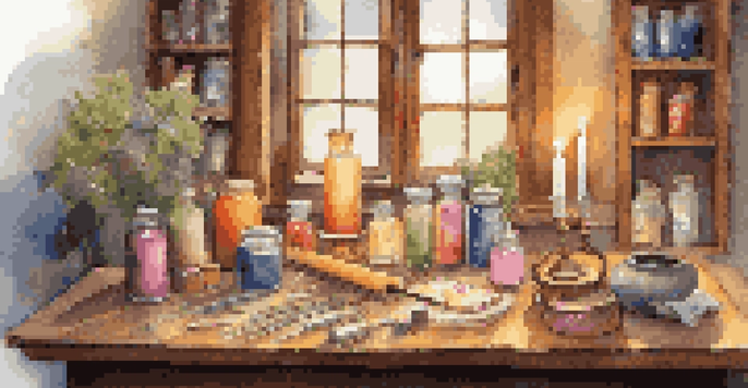 A candle-making workspace with supplies including wax, wicks, and a melting pot, illuminated by warm lighting.