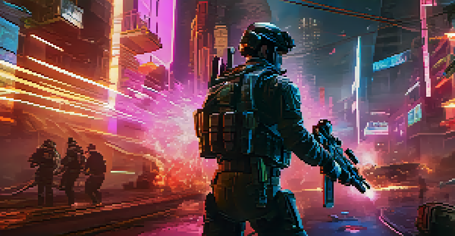 A character in tactical gear aiming a weapon in a futuristic city with explosions and neon lights.