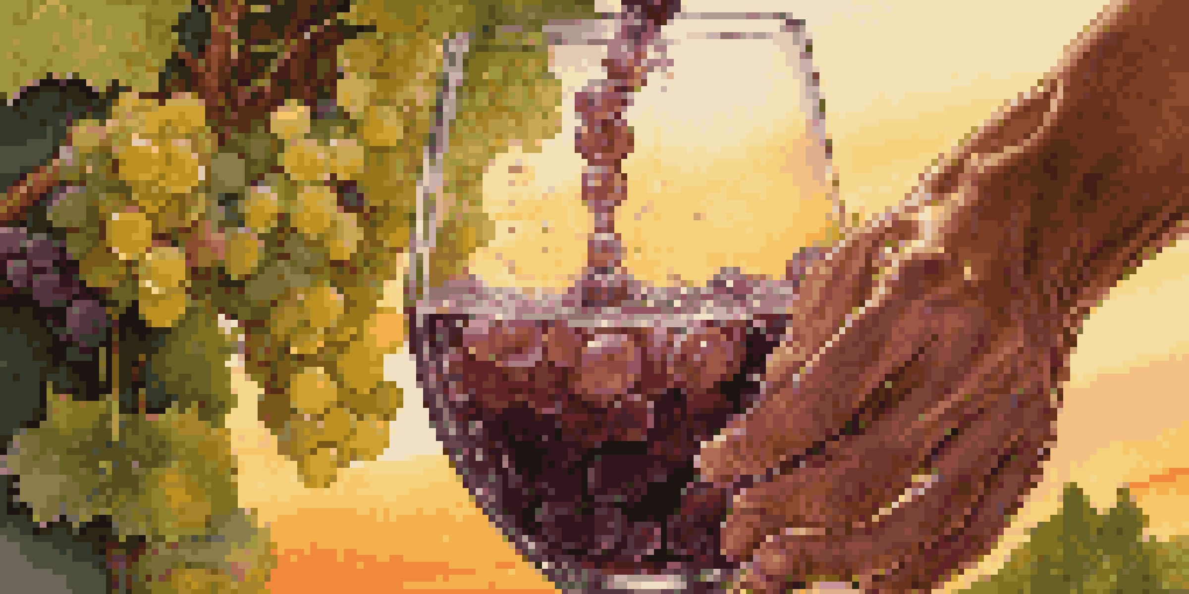 A winemaker pouring grape juice into a glass fermentation vessel with bubbles, surrounded by green grapevines at sunset.