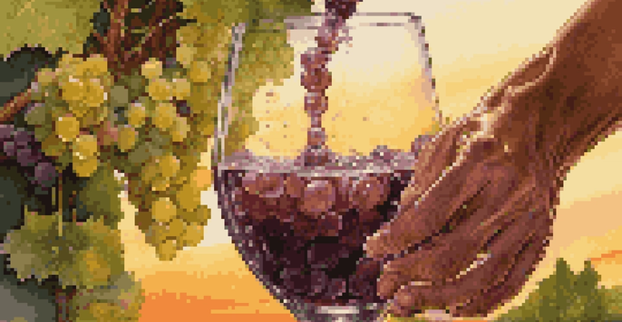 A winemaker pouring grape juice into a glass fermentation vessel with bubbles, surrounded by green grapevines at sunset.