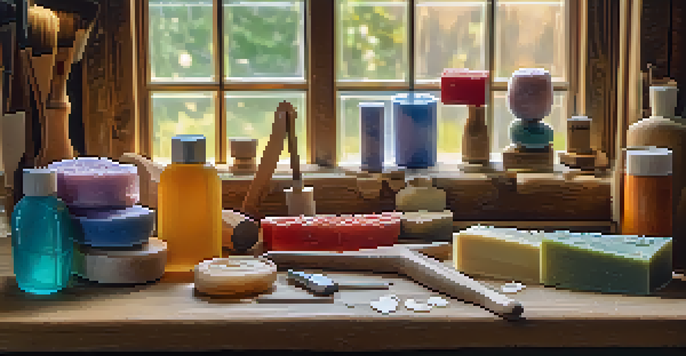 An assortment of soap carving tools on a wooden workbench, including knives and chisels, illuminated by soft natural light.
