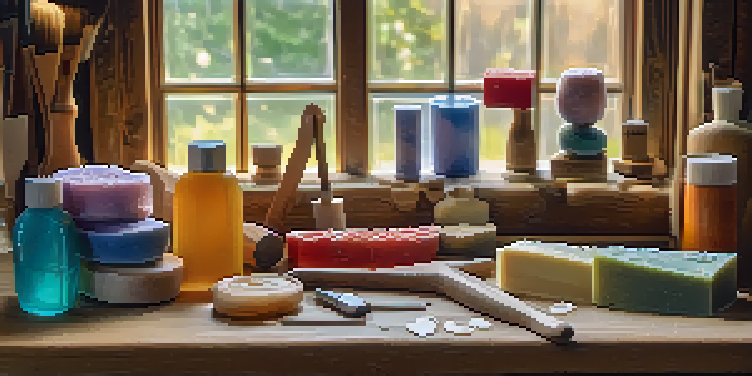 An assortment of soap carving tools on a wooden workbench, including knives and chisels, illuminated by soft natural light.