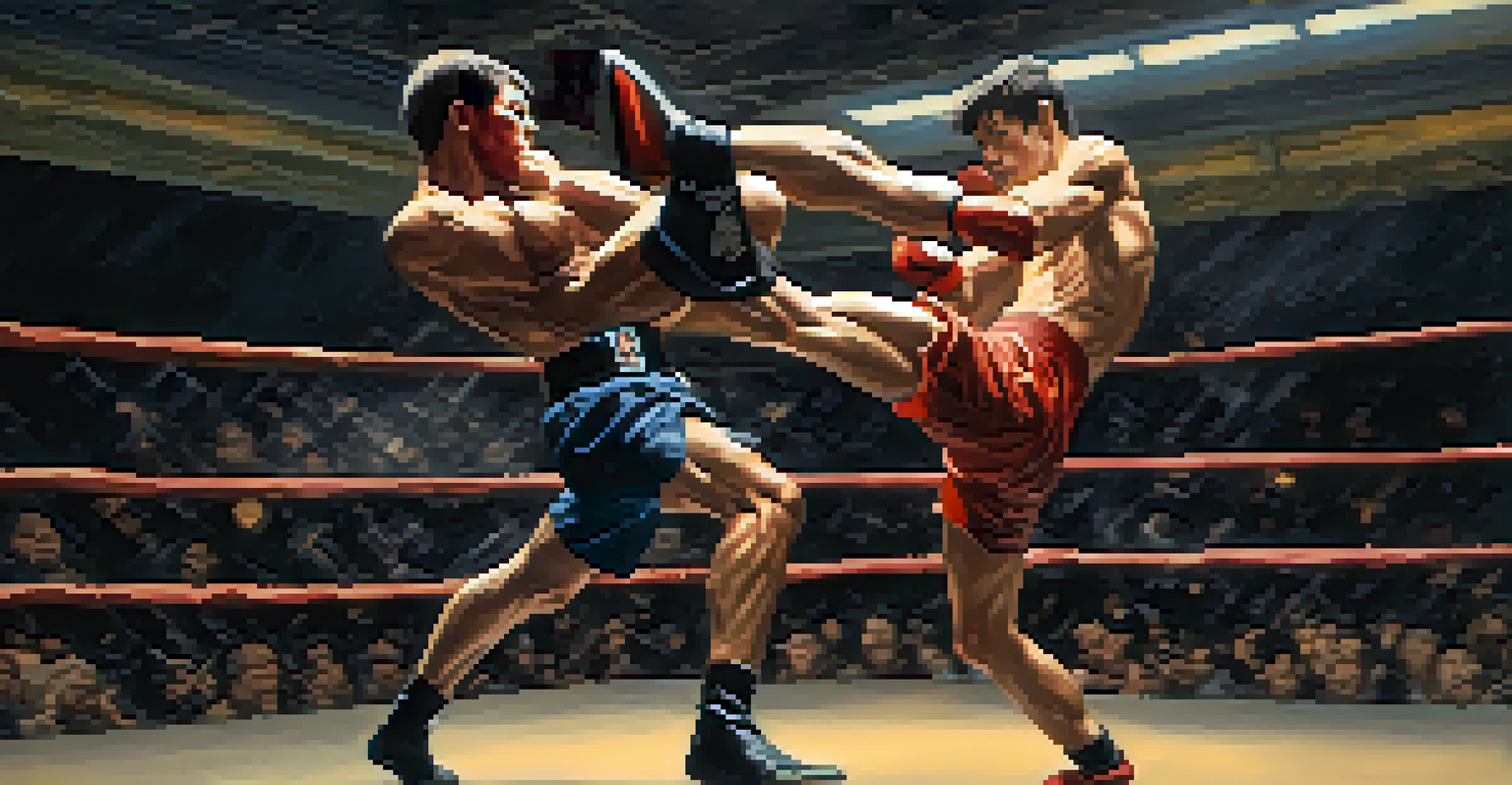 A kickboxer performing a roundhouse kick in a live match, with a blurred audience in the background.