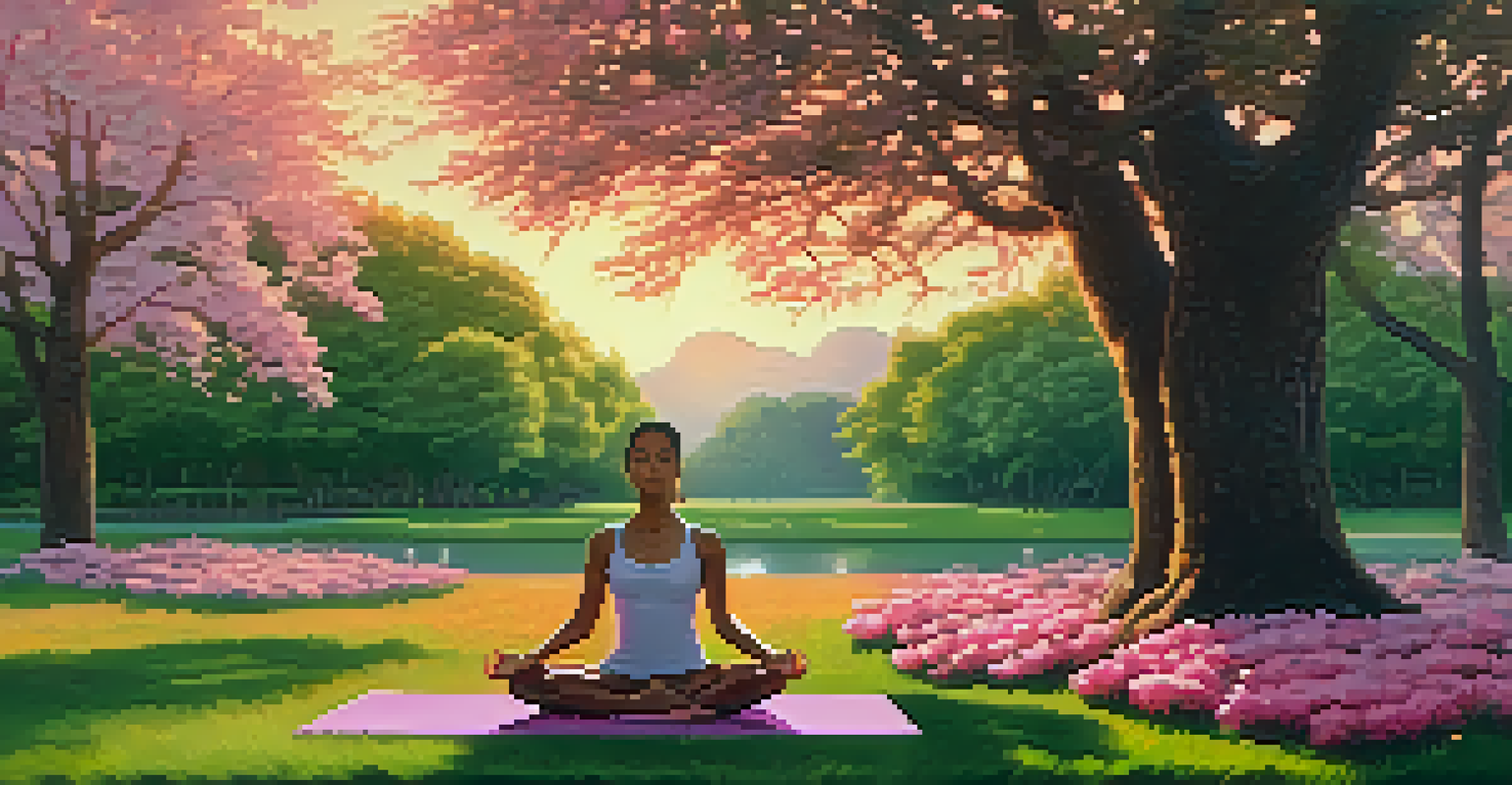 A person doing yoga in a beautiful park at sunset surrounded by nature.