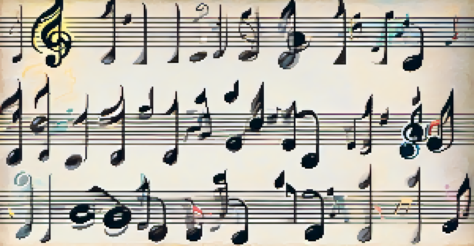 A colorful diagram of treble and bass clefs on a textured sheet music background.