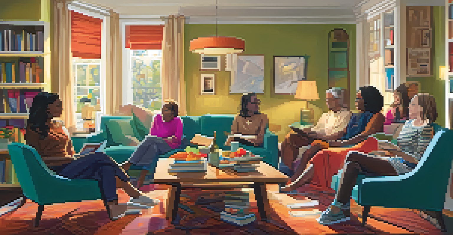 A lively book club gathering with diverse participants discussing a book in a warm, cozy living room.