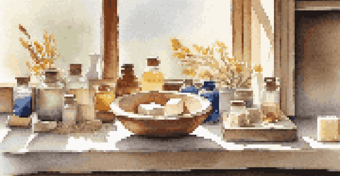 A bright bathroom countertop displaying colorful natural clay soaps, essential oils, and oatmeal, illuminated by soft sunlight.
