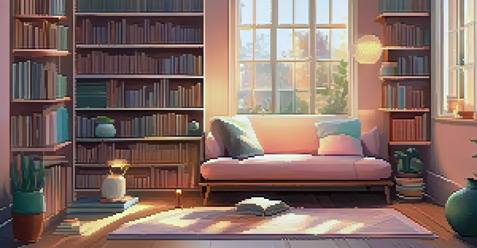 An inviting reading nook with a bean bag, fairy lights, a small bookshelf, and a scented candle, all in a pastel-colored room.