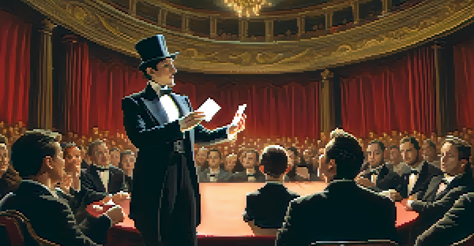 A magician in a black suit performing a card trick on stage, with a captivated audience and a spotlight highlighting the performance.