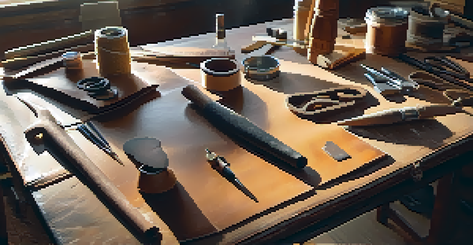 A crafting workspace with leather sheets and tools on a cutting mat, illuminated by sunlight to create a warm atmosphere.