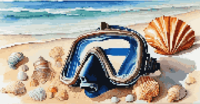 A scuba diving mask on a sandy beach with seashells and ocean waves in the background.